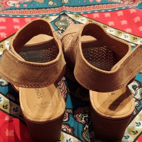 Comfortable Faux Suede Tan Sandals with 2.5" Heel and Velcro Back Straps - Picture 3 of 5